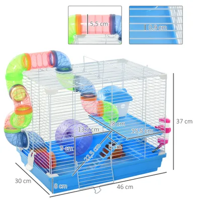 PawHut - Cage Hamster 2 Niveaux Multi-Équipement H.37 cm - Bleu