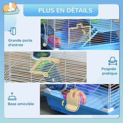 PawHut - Cage Hamster 2 Niveaux Multi-Équipement H.37 cm - Bleu