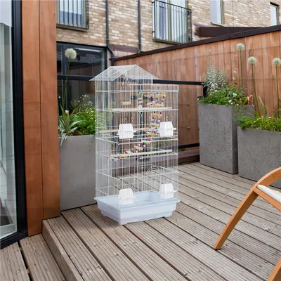 Cage à Oiseaux En Métal Avec Perchoirs, Plateau Coulissant Mangeoires