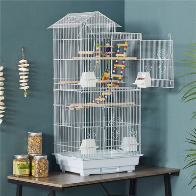 Cage à Oiseaux En Métal Avec Perchoirs, Plateau Coulissant Mangeoires