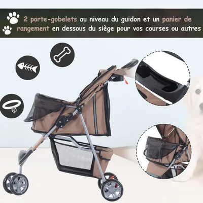 PawHut - Poussette Buggy Roue Pivotante 360° H.97 cm - Marron