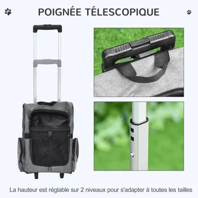 PawHut - Sac transport 2-en-1 à roulettes pour chien/chat - gris