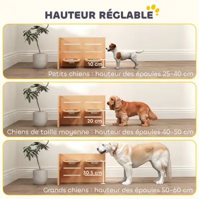 PawHut - Porte-gamelles modulable réglable écuelles incluses bois PawHut - Porte-gamelles modulable réglable écuelles incluses bois