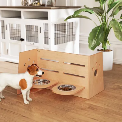 PawHut - Porte-gamelles modulable réglable écuelles incluses bois PawHut - Porte-gamelles modulable réglable écuelles incluses bois