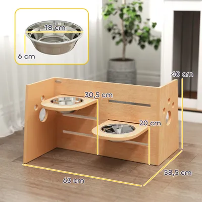 PawHut - Porte-gamelles modulable réglable écuelles incluses bois