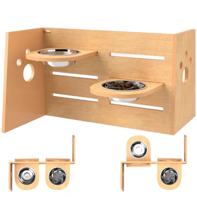 PawHut - Porte-gamelles modulable réglable écuelles incluses bois
