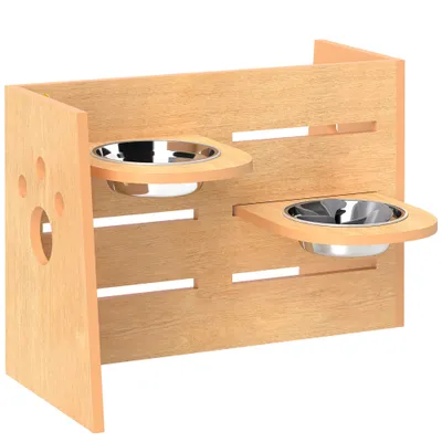 PawHut - Porte-gamelles modulable réglable écuelles incluses bois