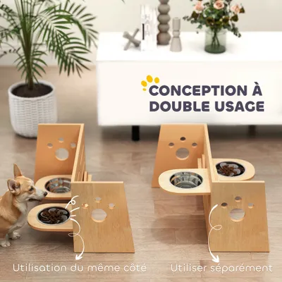 PawHut - Support gamelles réglable 2 chiens H.40 cm - Chêne