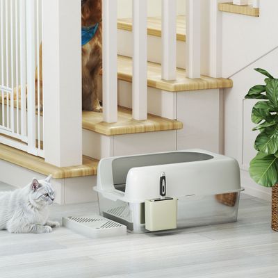 PawHut - Bac à litière chat acier inox nombreux accessoires gris