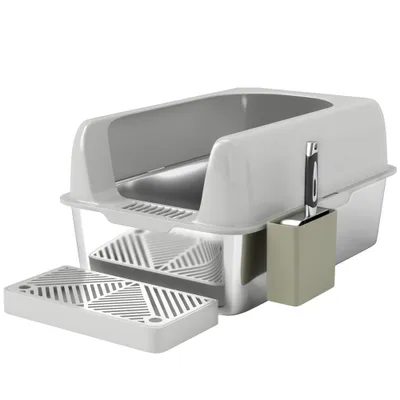 PawHut - Bac à litière chat acier inox nombreux accessoires gris