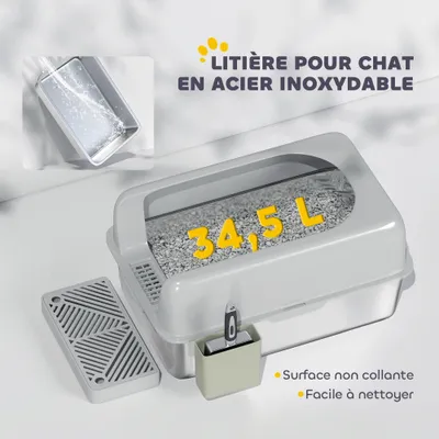 PawHut - bac à litière multi-accessoires H.29 cm - gris
