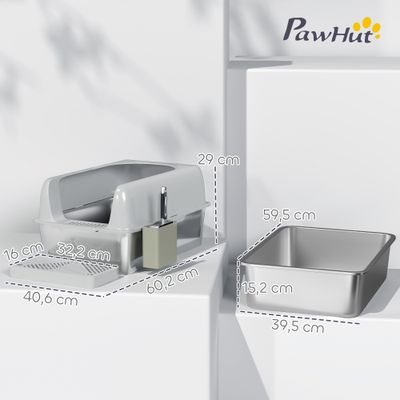 PawHut - Bac à litière chat acier inox nombreux accessoires gris