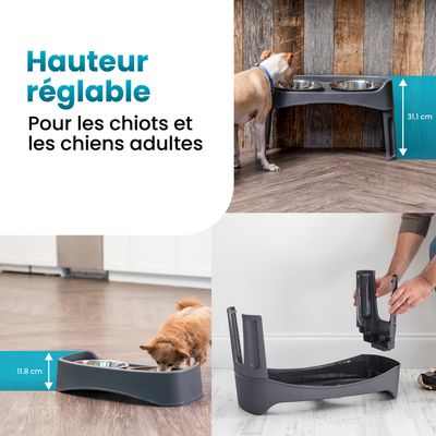 Gamelle pour chien surélevéés, 2 bols acier amovibles, H31cm, Pliable