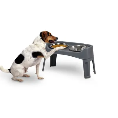 Gamelle pour chien surélevéés, 2 bols acier amovibles, H31cm, Pliable