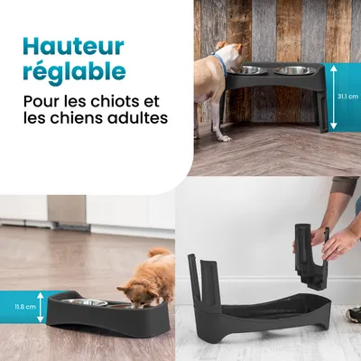 Gamelle pour chien surélevéés, 2 bols acier amovibles, H31cm, Pliable