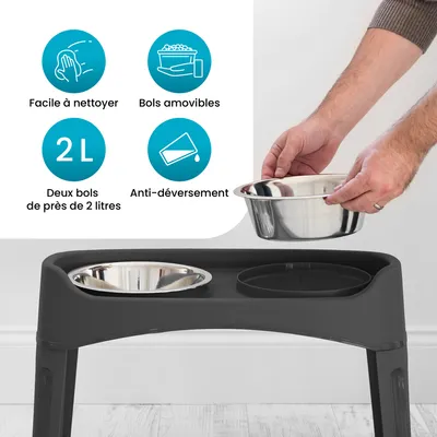 Gamelle pour chien surélevéés, 2 bols acier amovibles, H31cm, Pliable