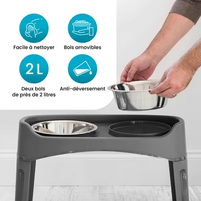 Gamelle pour chien surélevéés, 2 bols acier amovibles, H31cm, Pliable