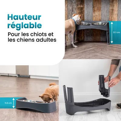 Gamelle pour chien surélevéés, 2 bols acier amovibles, H31cm, Pliable