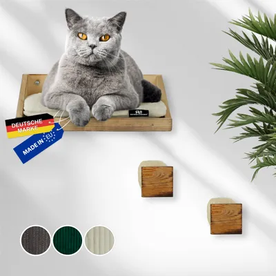 Katzenkletterwand Massiv gefl. Holz + Kissen Cord dkl.grau.