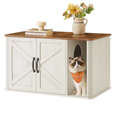 Feandrea Meuble Litière pour Chat, Marron Miel et Blanc Rustique