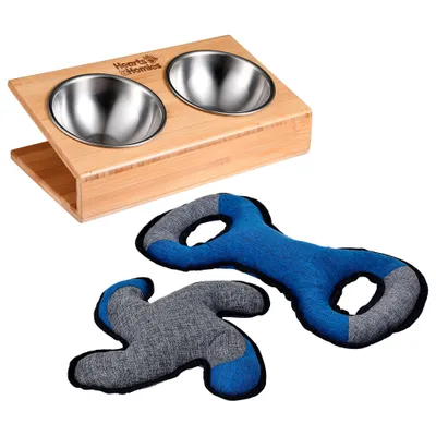 WellHome Bol en acier inoxydable et bambou avec jouet en peluche