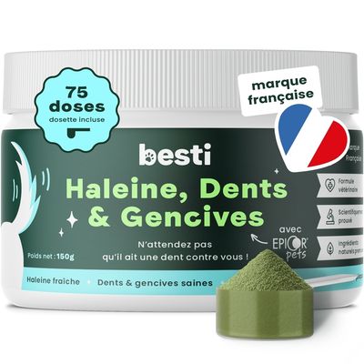 BESTI | Haleine, Dents & Gencives | Poudre Dentaire pour Chiens 75 doses premium et appétissantes aux algues et eucalyptus 🌿 - 150 gr