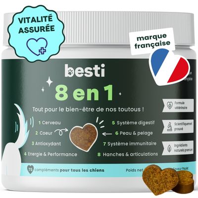 BESTI | 8 en 1 | Compléments Alimentaires Vétérinaires pour Chiens 120 compléments premium et appétissants au poulet 🍗   - 300 gr
