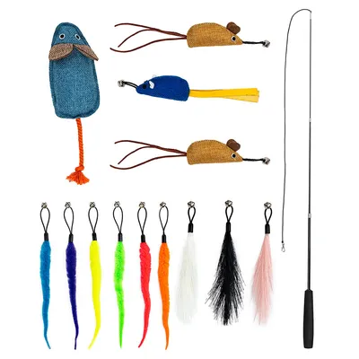 lionto canne à pêche pour chat télescopique avec 13 jouets