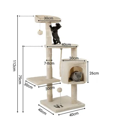 lionto arbre à chat avec boules en peluche, corde sisal et grotte