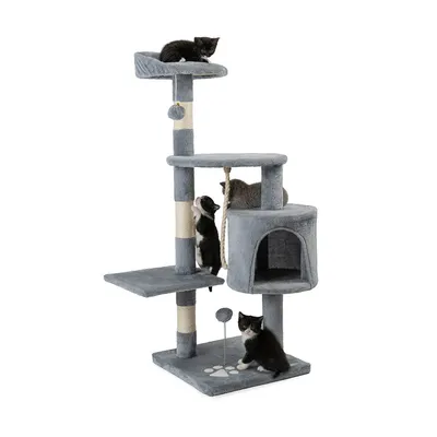 lionto arbre à chat avec boules en peluche, corde sisal et grotte