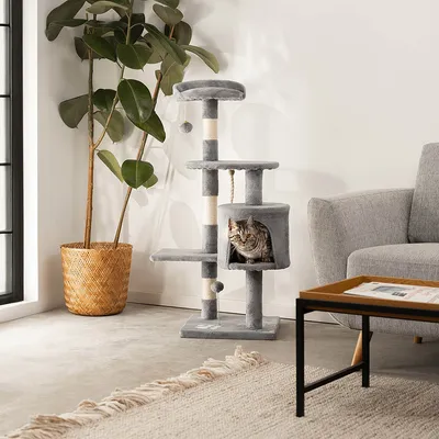 lionto arbre à chat avec boules en peluche, corde sisal et grotte