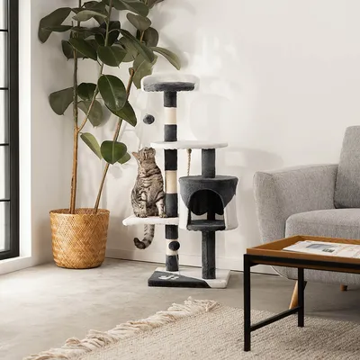 lionto arbre à chat avec boules en peluche, corde sisal et grotte