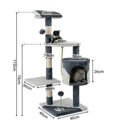 lionto arbre à chat avec boules en peluche, corde sisal et grotte