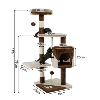 lionto arbre à chat avec boules en peluche, corde sisal et grotte