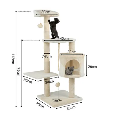 lionto arbre à chat avec boules en peluche, corde sisal et grotte