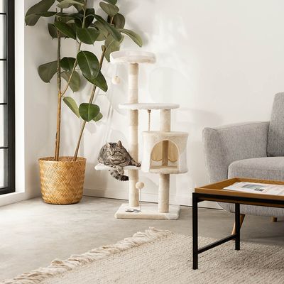 lionto arbre à chat avec boules en peluche, corde sisal et grotte