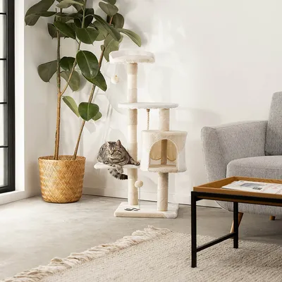 lionto arbre à chat avec boules en peluche, corde sisal et grotte