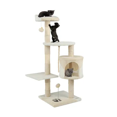 lionto arbre à chat avec boules en peluche, corde sisal et grotte