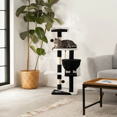 lionto arbre à chat avec boules en peluche, corde sisal et grotte