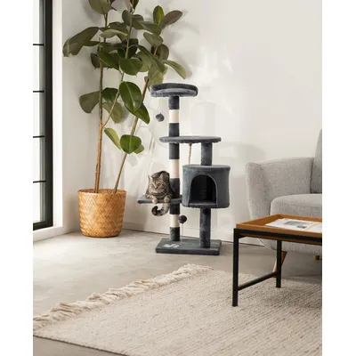 lionto arbre à chat avec boules en peluche, corde sisal et grotte