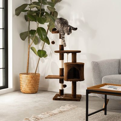 lionto arbre à chat avec boules en peluche, corde sisal et grotte