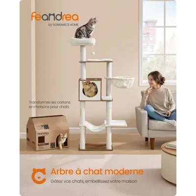 Feandrea Arbre à Chat 165 cm, avec Grotte, Plateforme, Poteaux à Griffer