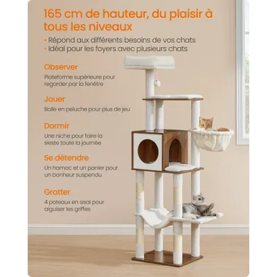 Feandrea Arbre à Chat 165 cm, avec Grotte, Plateforme, Poteaux à Griffer