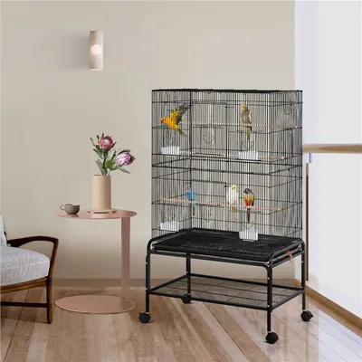 Grande Cage Pour Oiseau Sur Pied Avec Roulettes Noir