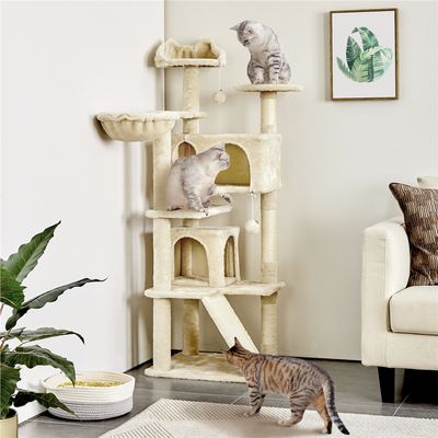Arbre à Chat Multiniveau Avec Cachettes, Panier,Perchoirs, Rampe Et Poteaux