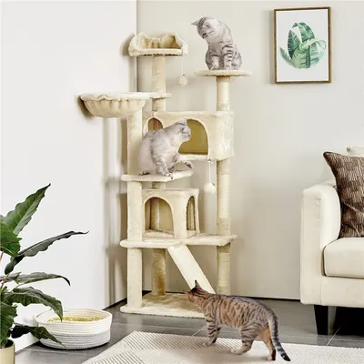 Arbre à Chat Multiniveau Avec Cachettes, Panier,Perchoirs, Rampe Et Poteaux