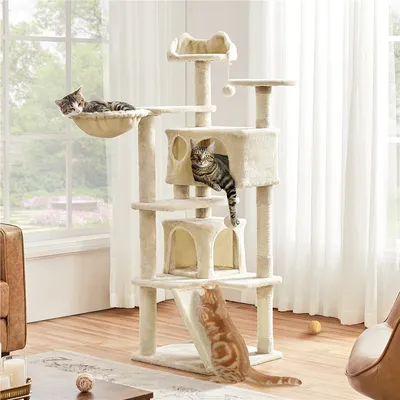 Arbre à Chat Multiniveau Avec Cachettes, Panier,Perchoirs, Rampe Et Poteaux
