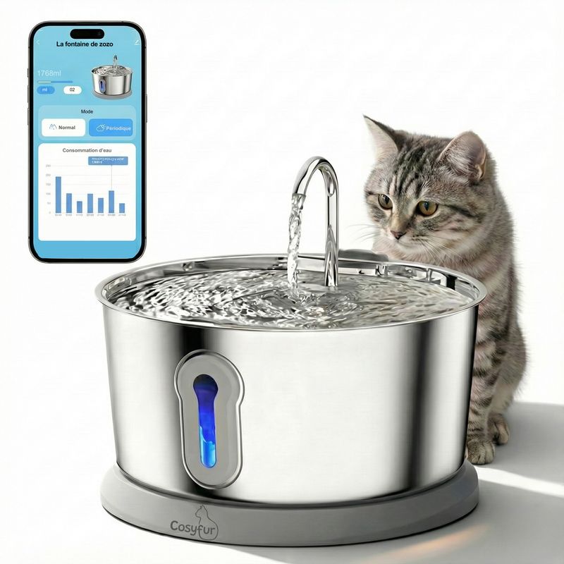Fontaine à eau pour chats connectée en inox 4L - Cosyfur
