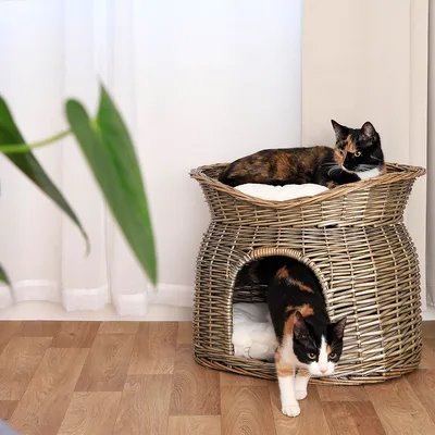 lionto panier pour chat en osier avec coussins doux et double couchage