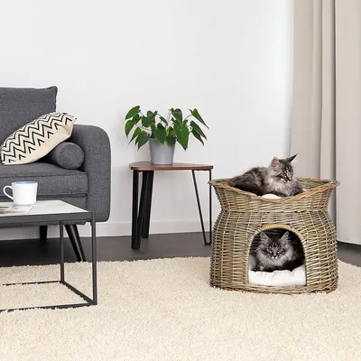 lionto panier pour chat en osier avec coussins doux et double couchage